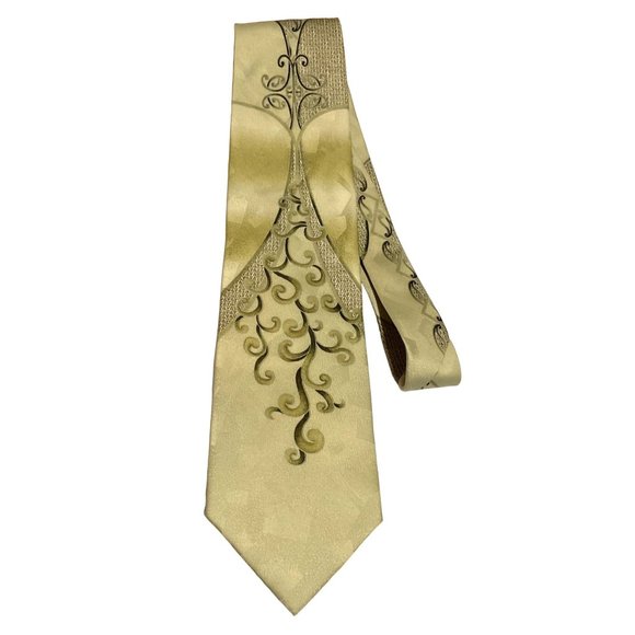 MCM ABSTRACT NECKTIE GOLD GREEN FILIGREE POLYESTER DESIGNER 60" X 4" MENS - Picture 1 of 4